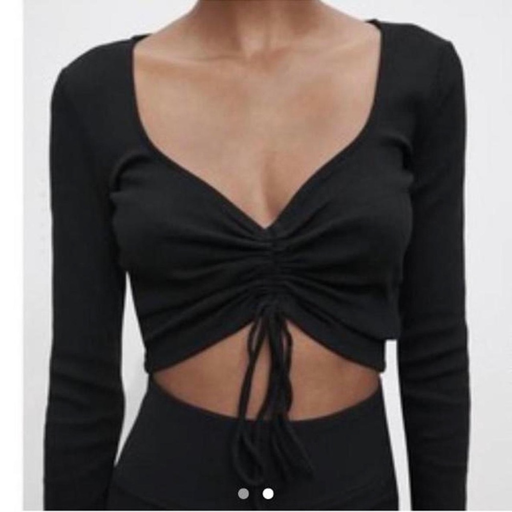 Zara Black Long Sleeve Ruched Tie Top